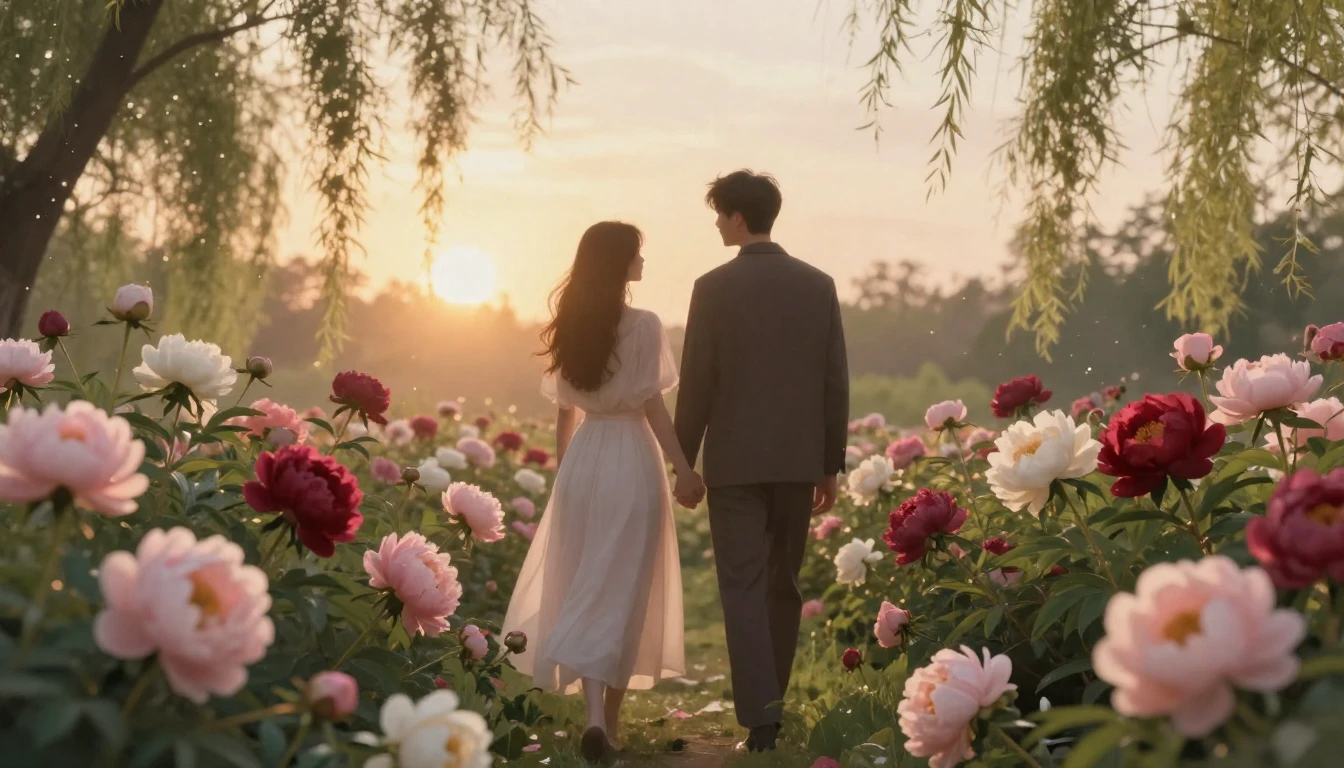 A dreamy and romantic scene featuring two silhouetted figure...