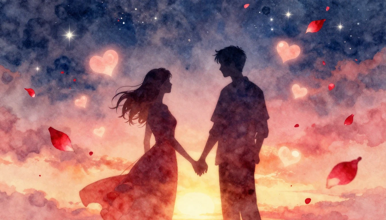 A romantic and dreamy watercolor painting depicting two silh...