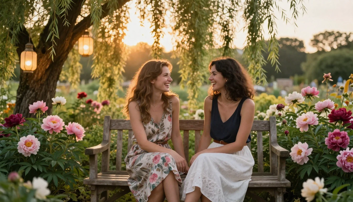 A heartwarming scene of two female best friends sitting on a...