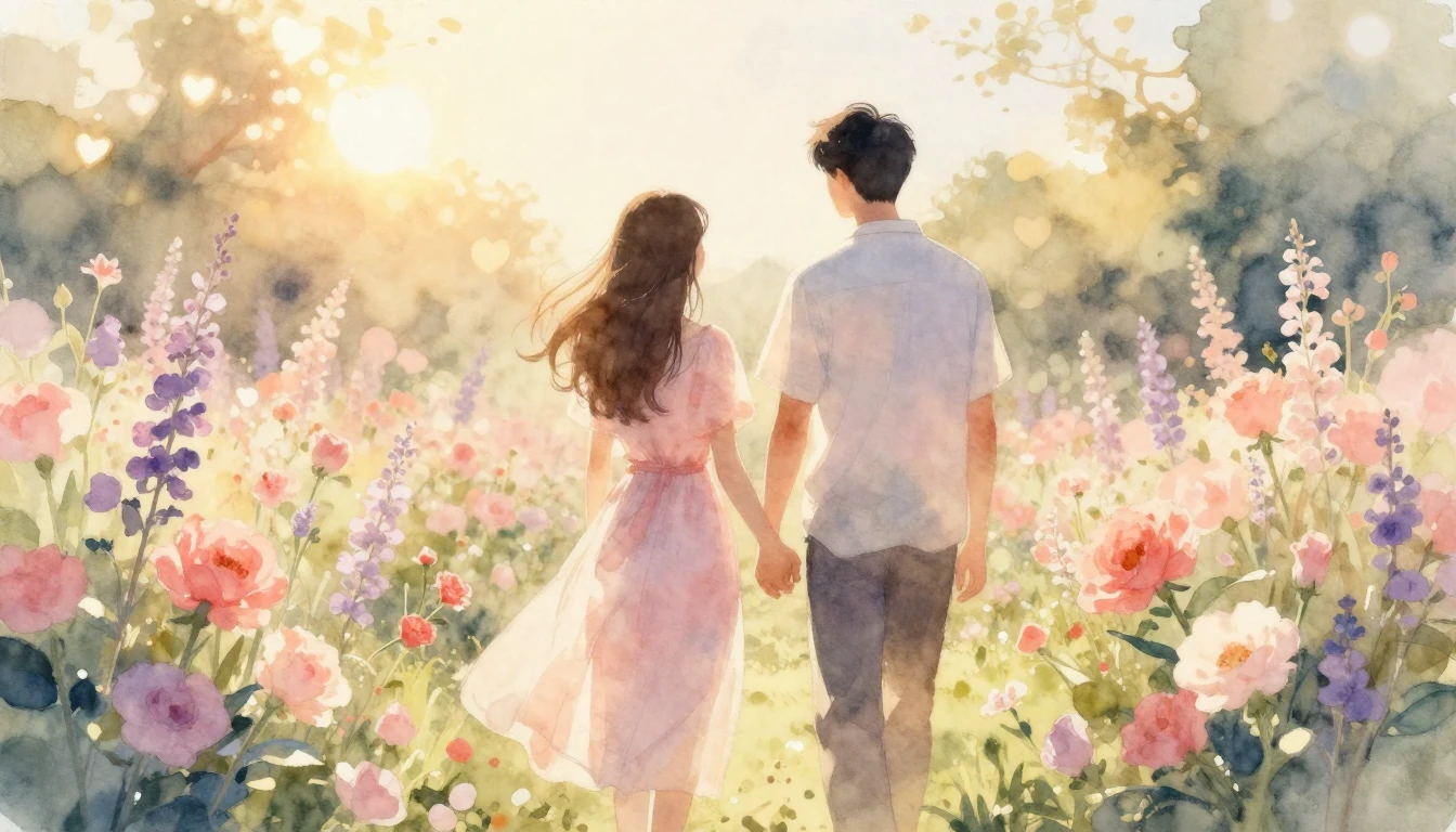 A delicate watercolor painting capturing a romantic and inti...