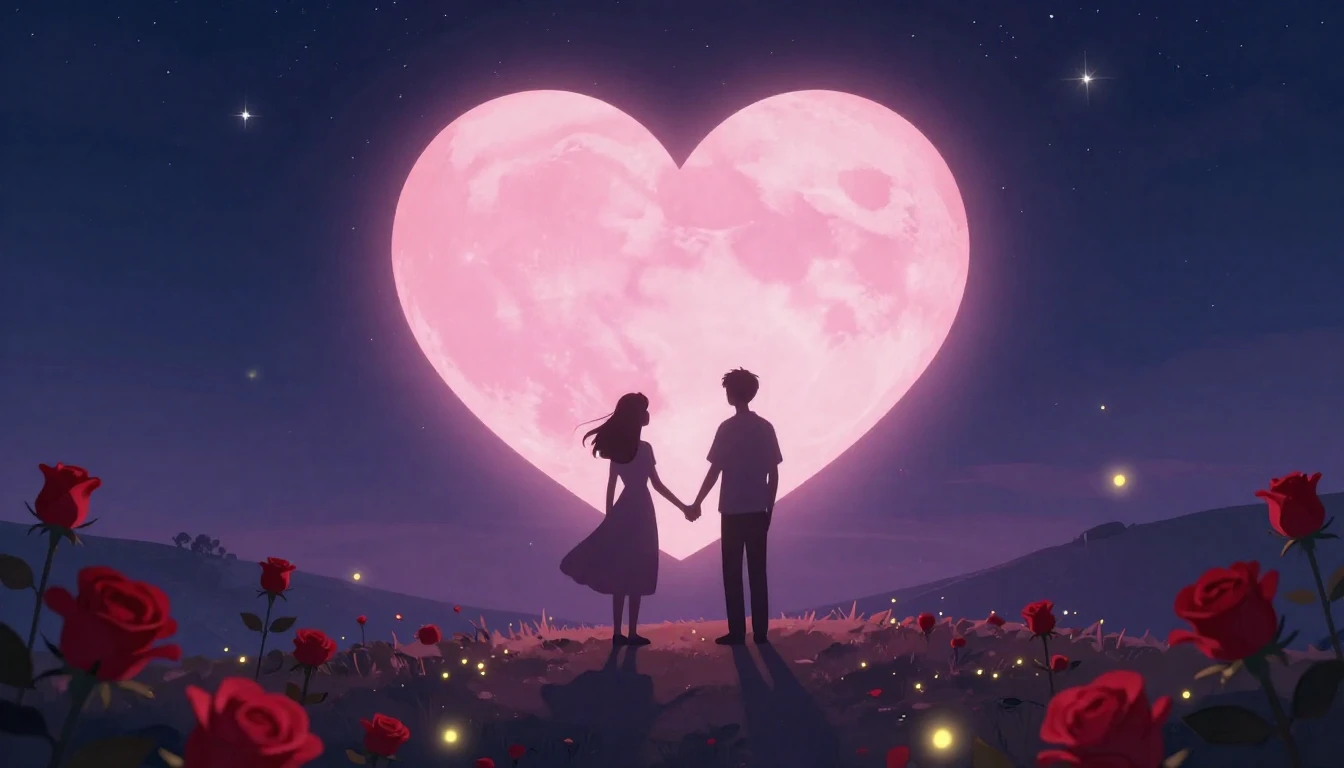A romantic and dreamy illustration featuring two silhouette ...
