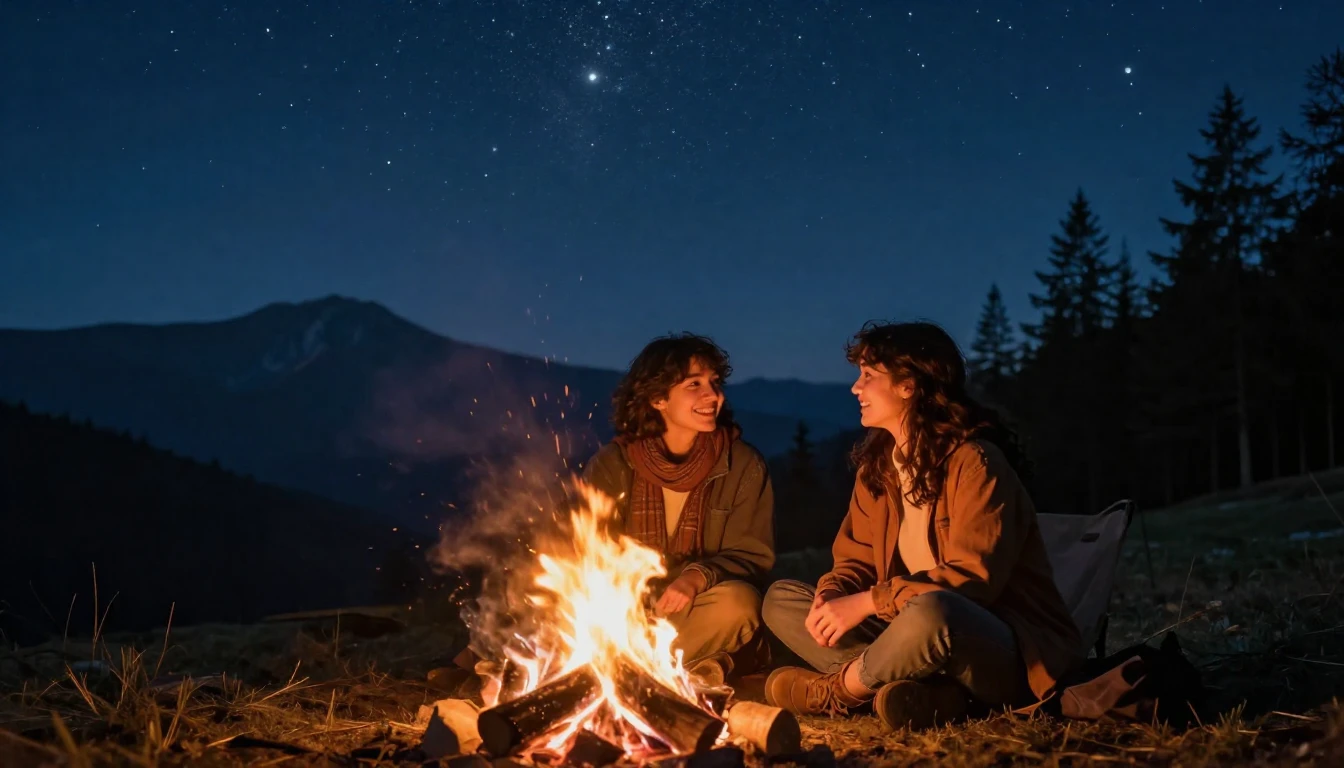 A heartwarming scene of two friends sitting by a cozy campfi...