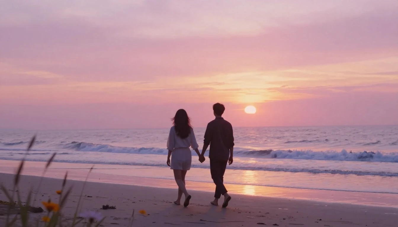 A romantic and ethereal scene featuring two silhouettes walk...