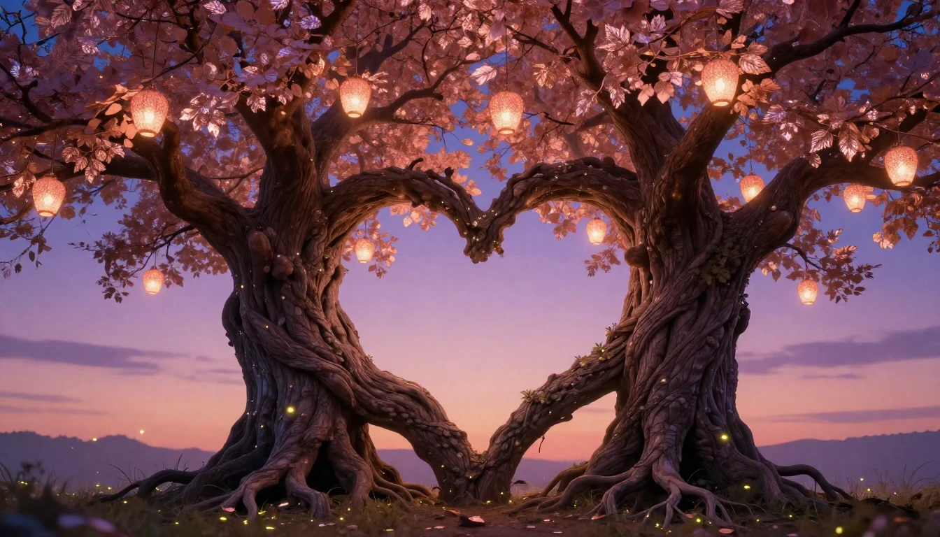 A whimsical and magical scene featuring two ancient trees wi...