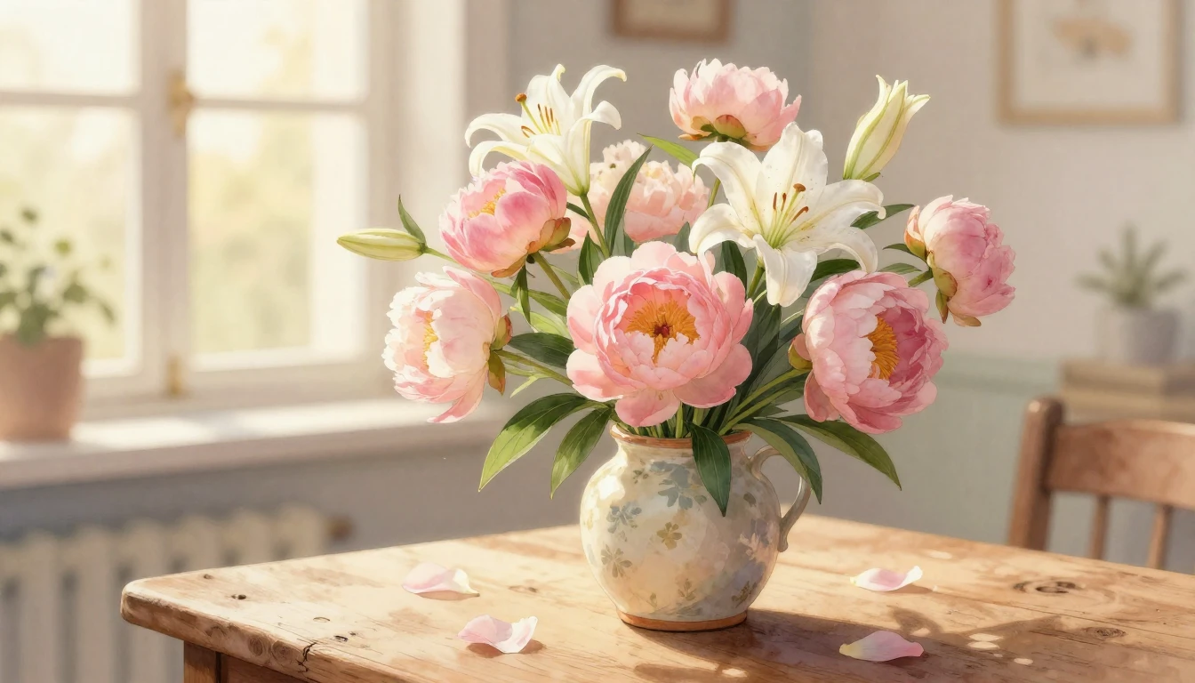 A heartwarming watercolor painting of a lush bouquet of deli...