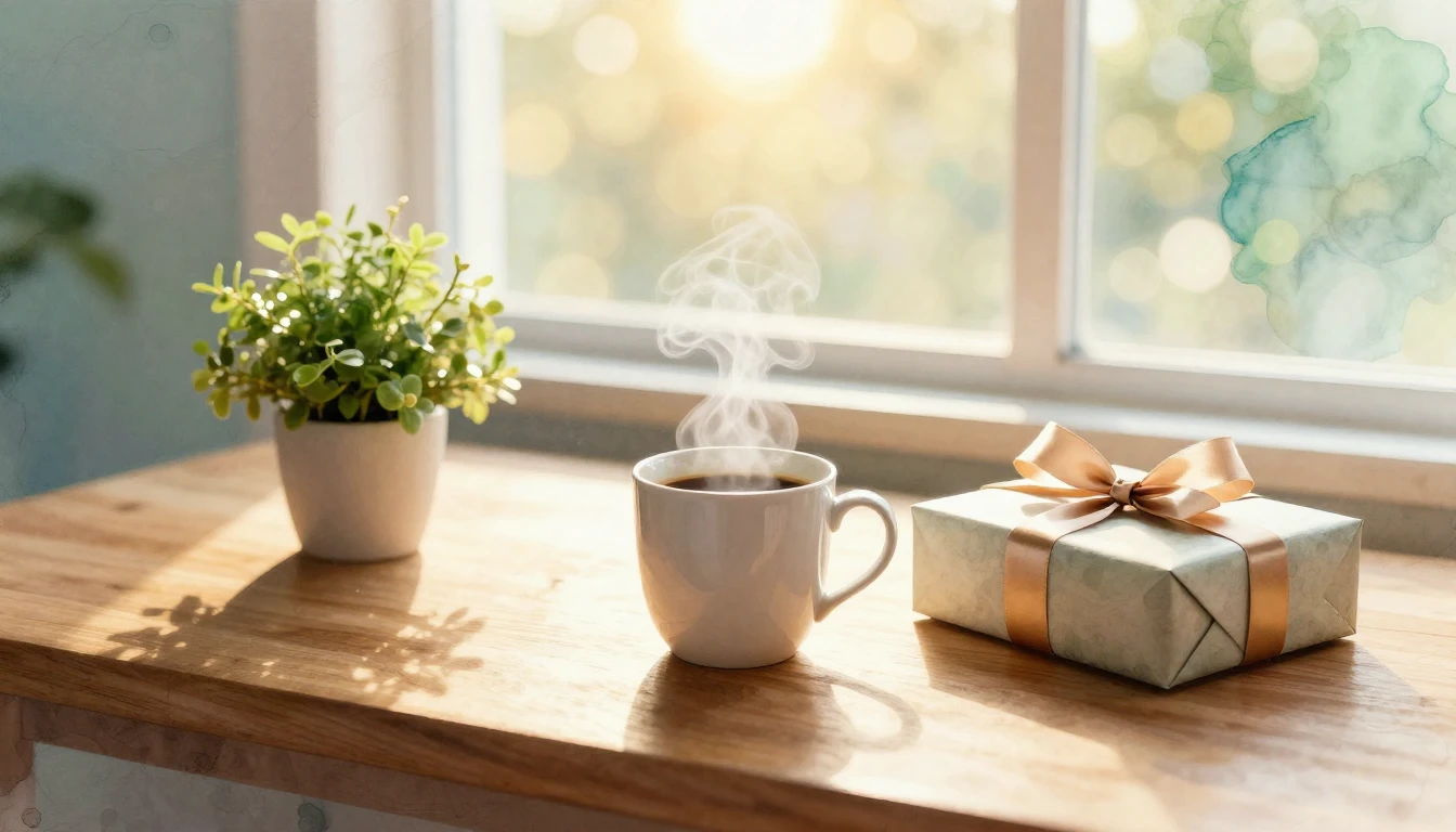 A cozy and bright workspace setting filled with a warm, cele...