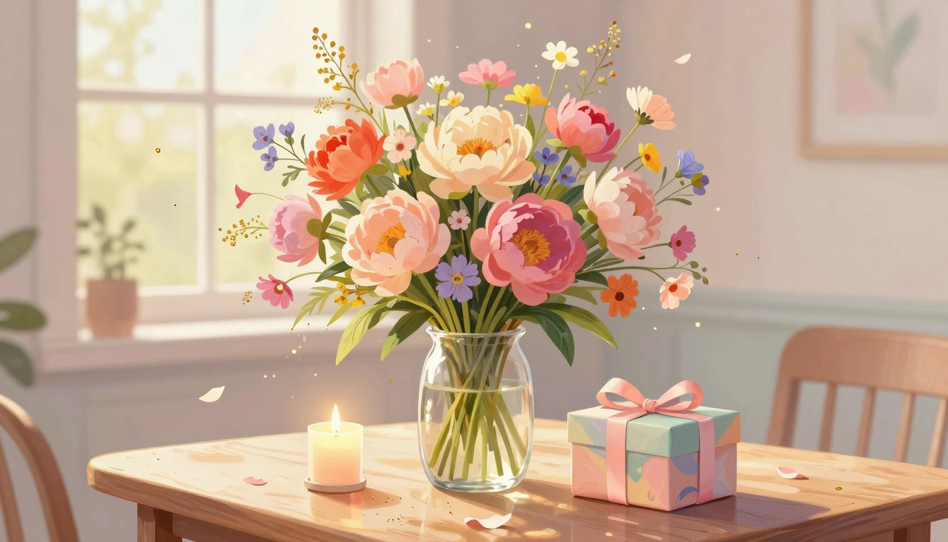 A beautiful and vibrant scene celebrating a birthday. A larg...