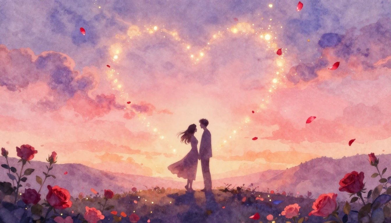 A dreamy and romantic watercolor painting depicting two silh...