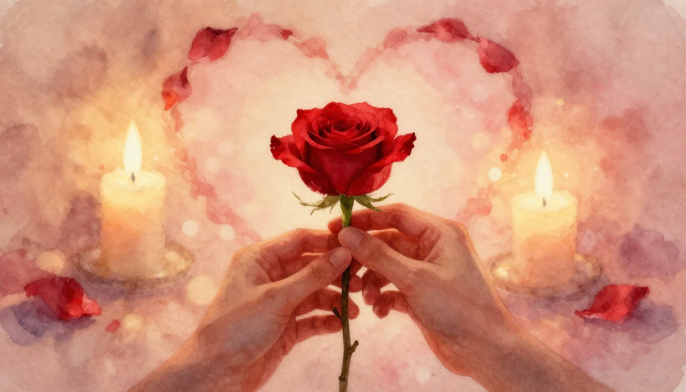 A romantic and dreamy watercolor painting depicting two hand...