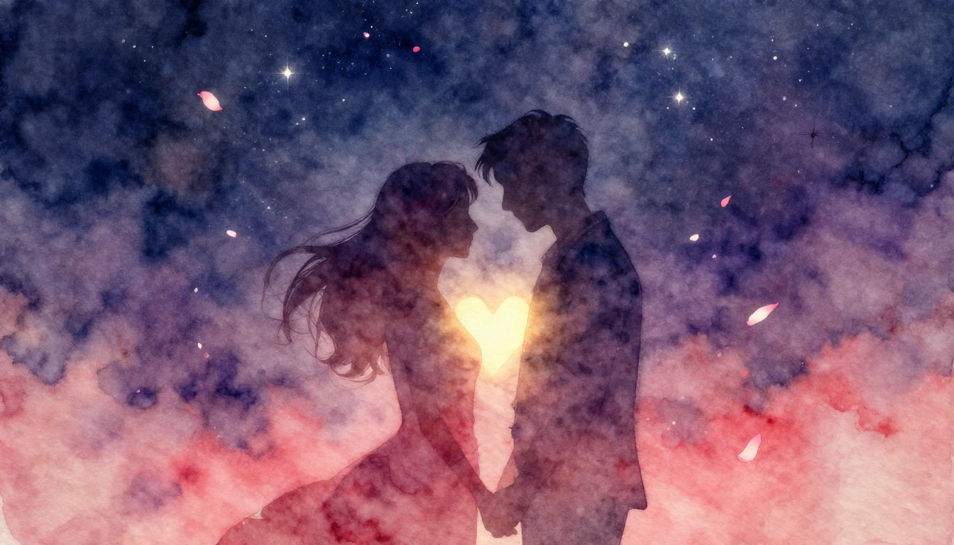 A romantic watercolor painting featuring two silhouette figu...