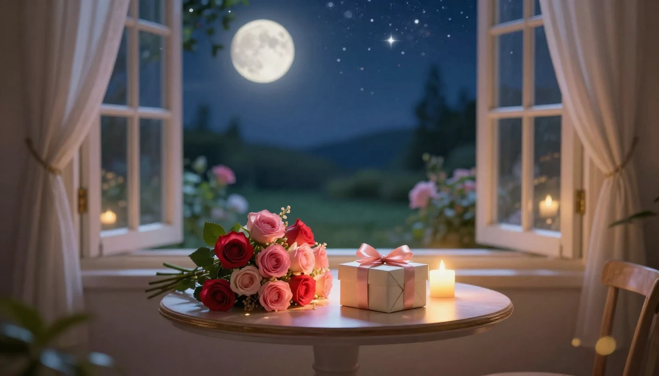 A romantic and dreamy scene featuring a small round table se...