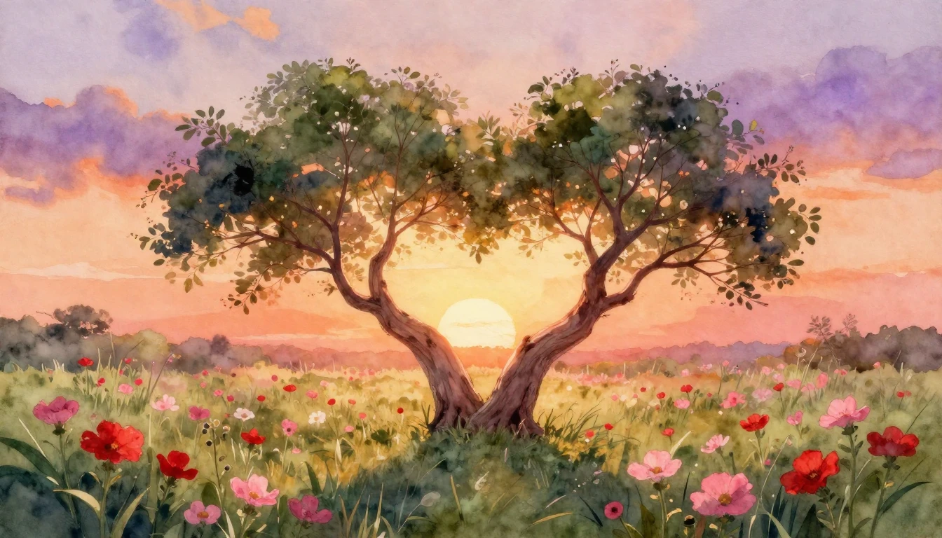 A soft and dreamy watercolor painting depicting two intertwi...