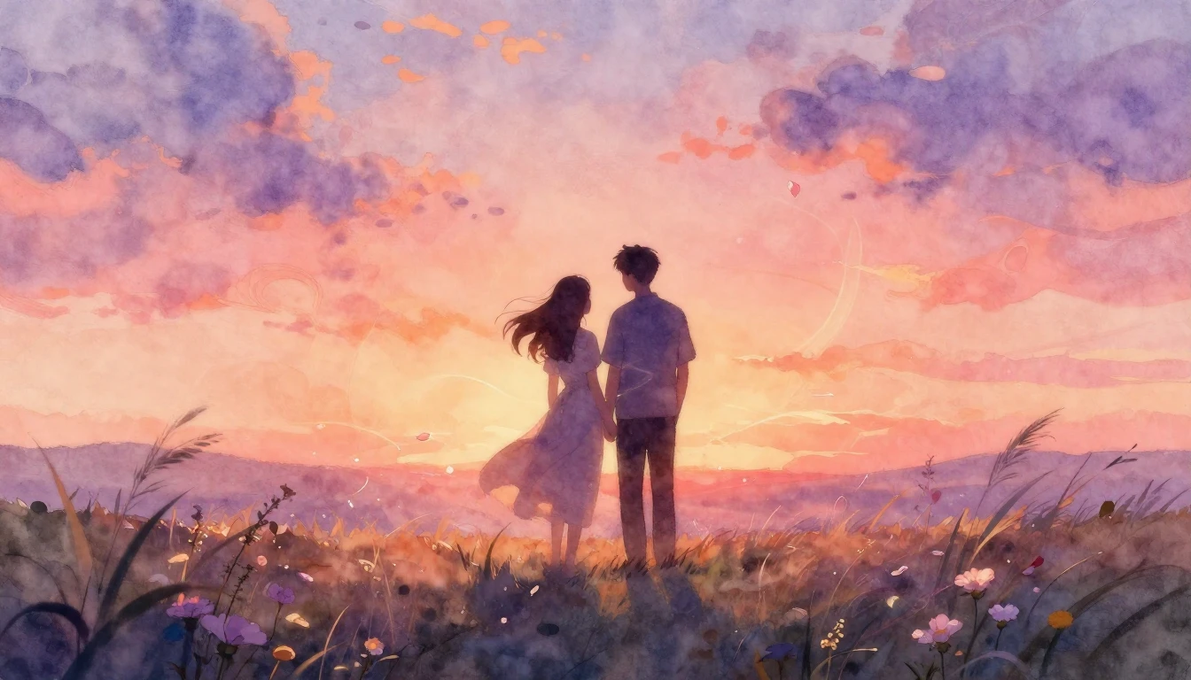 A romantic watercolor painting depicting two silhouettes sta...