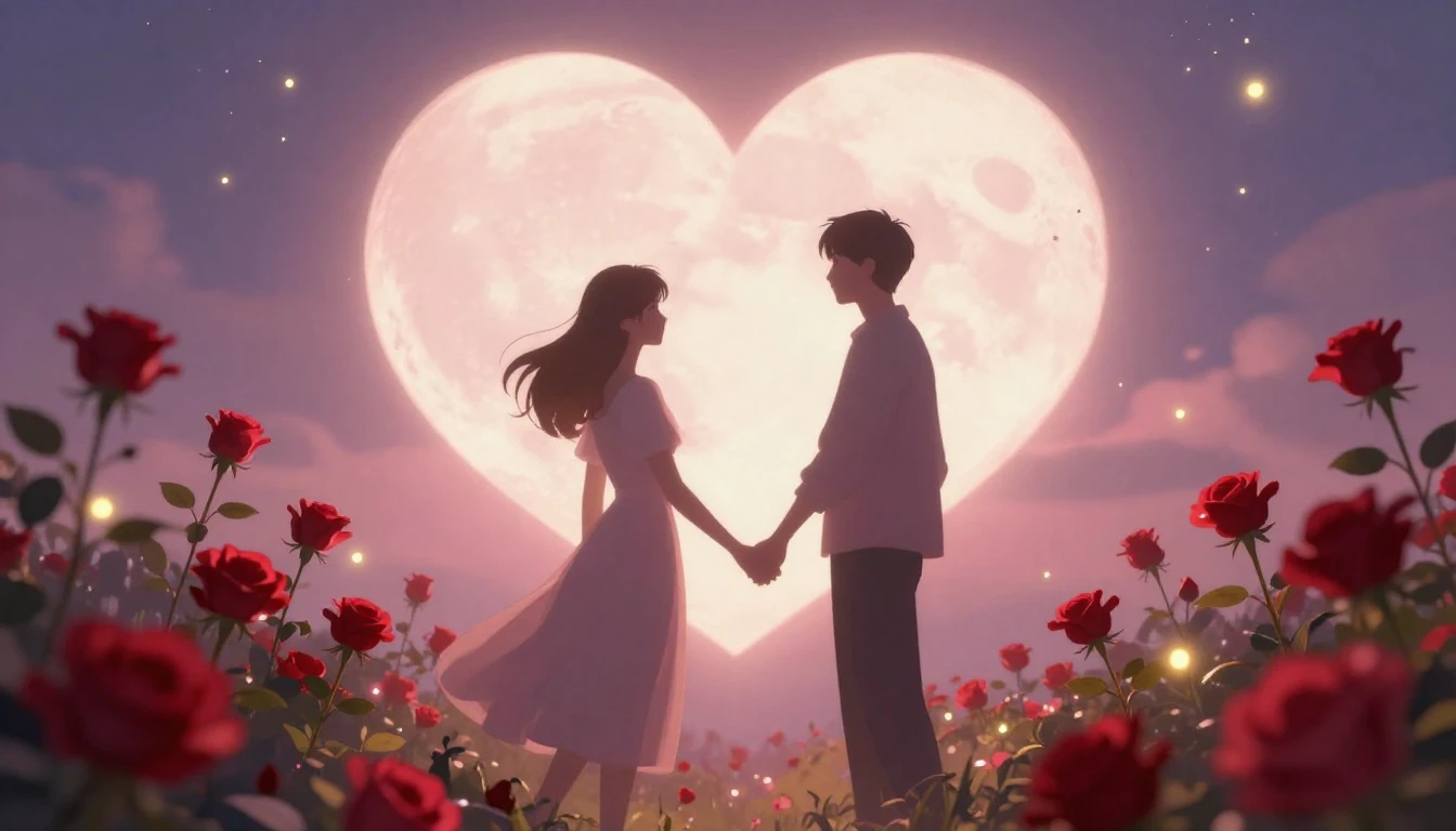 A romantic and soft composition featuring two silhouettes of...