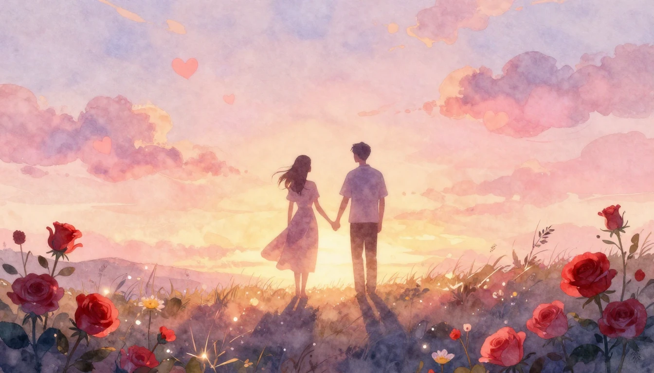 A soft and dreamy watercolor illustration of a couple's silh...