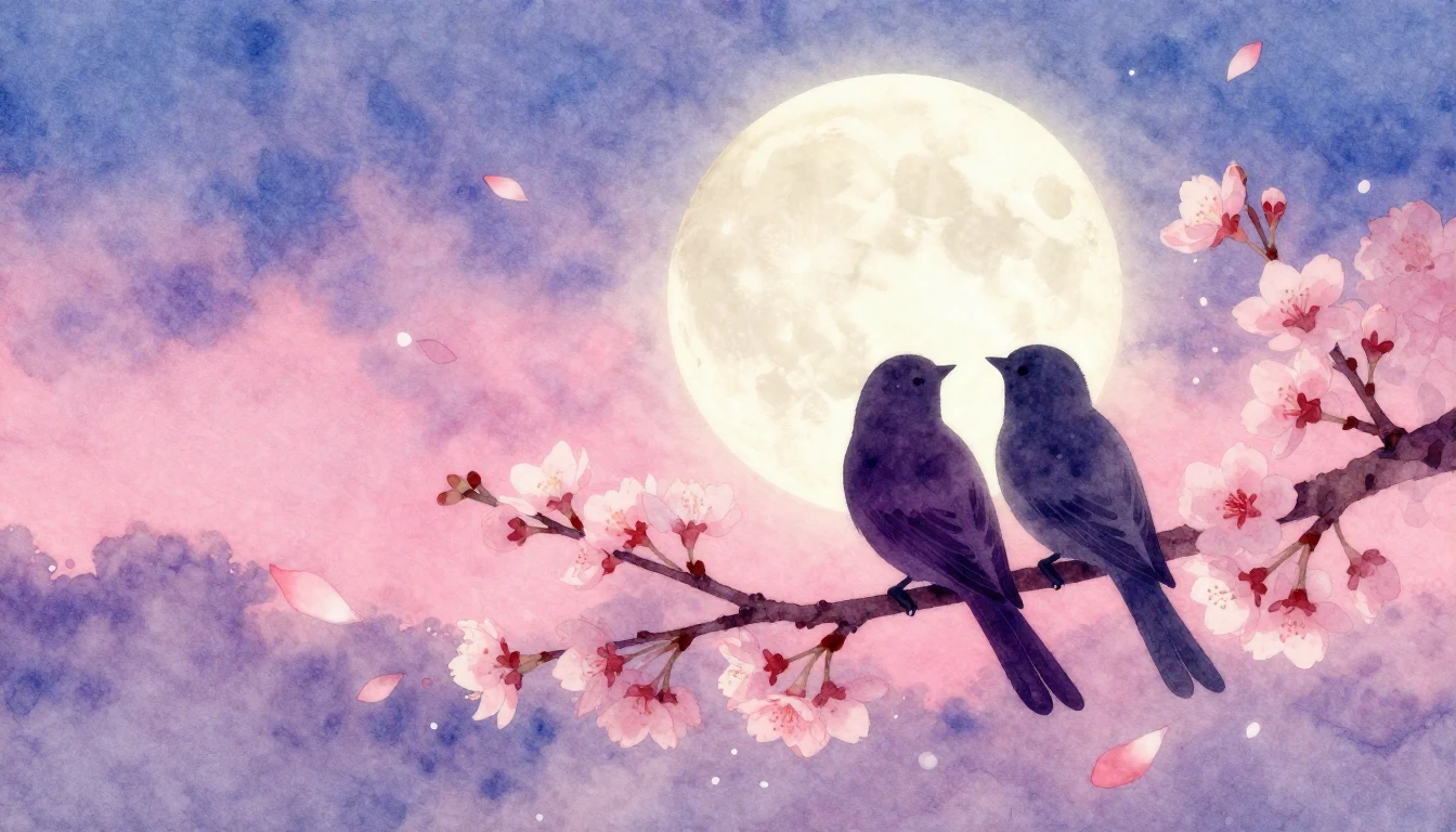 A romantic and dreamy watercolor painting depicting two silh...