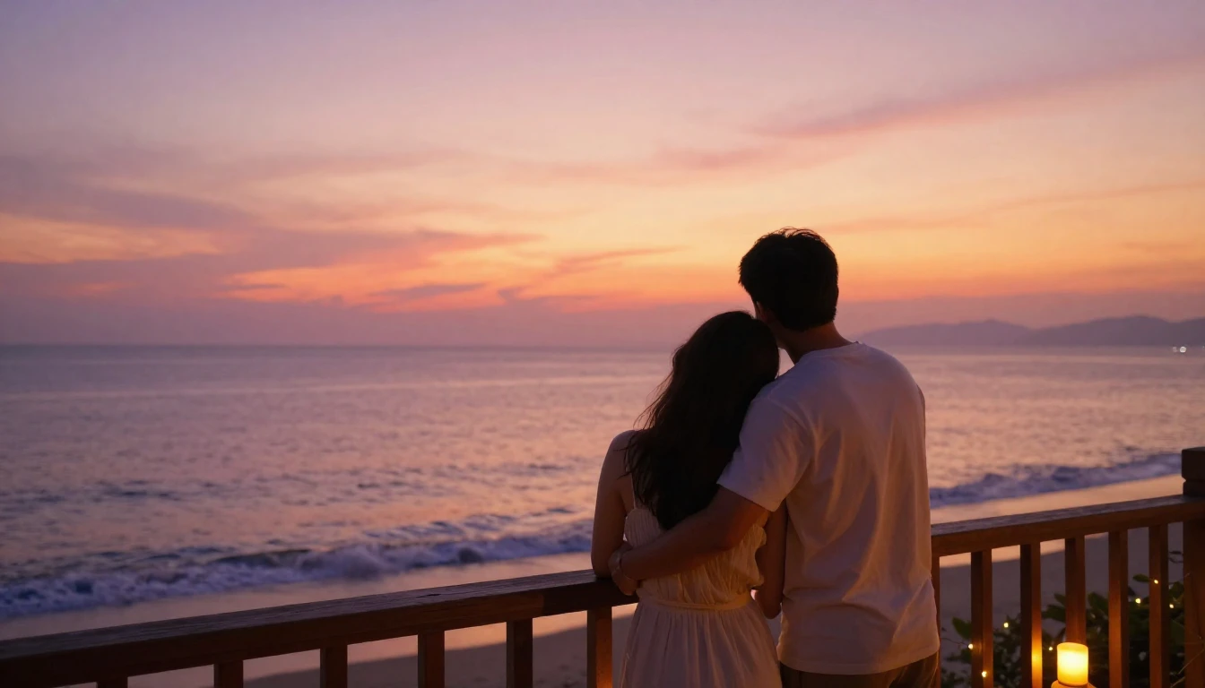 A romantic and serene scene of a couple standing on a wooden...