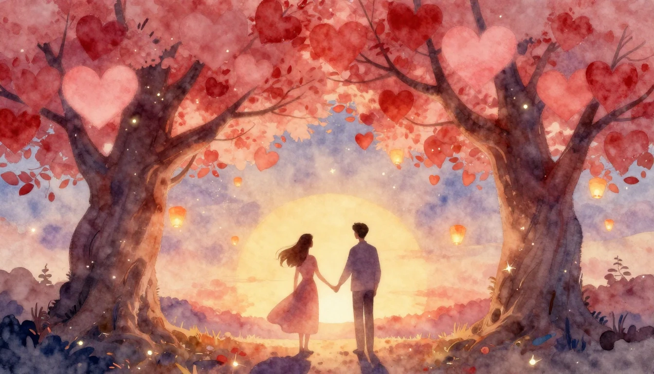 A romantic and dreamy watercolor painting depicting two abst...