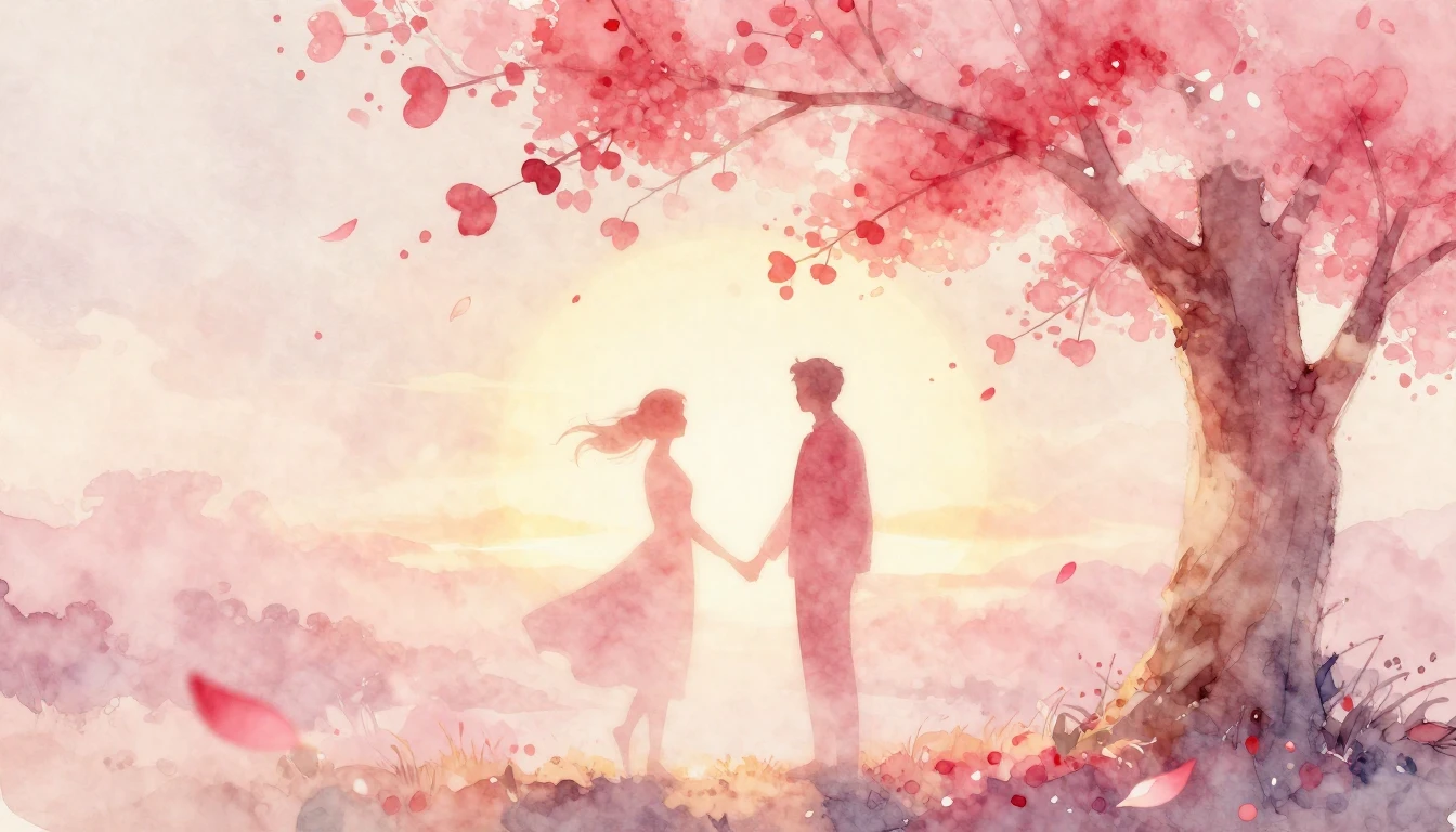 A soft and dreamy watercolor painting depicting a romantic a...