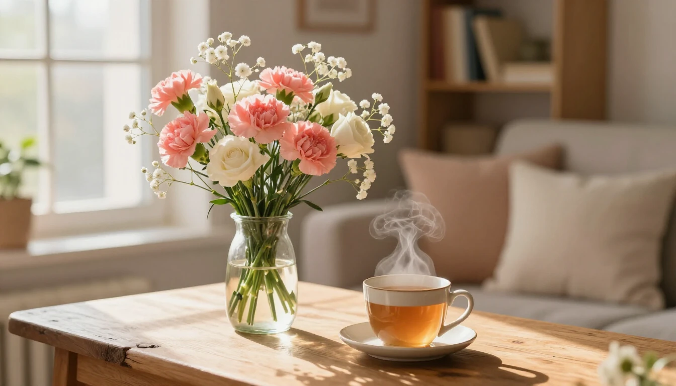 A beautiful, cozy indoor scene bathed in warm, golden sunlig...