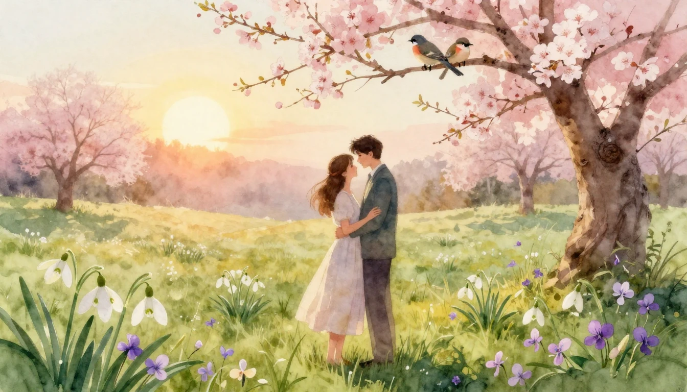 A romantic and ethereal watercolor painting depicting a coup...