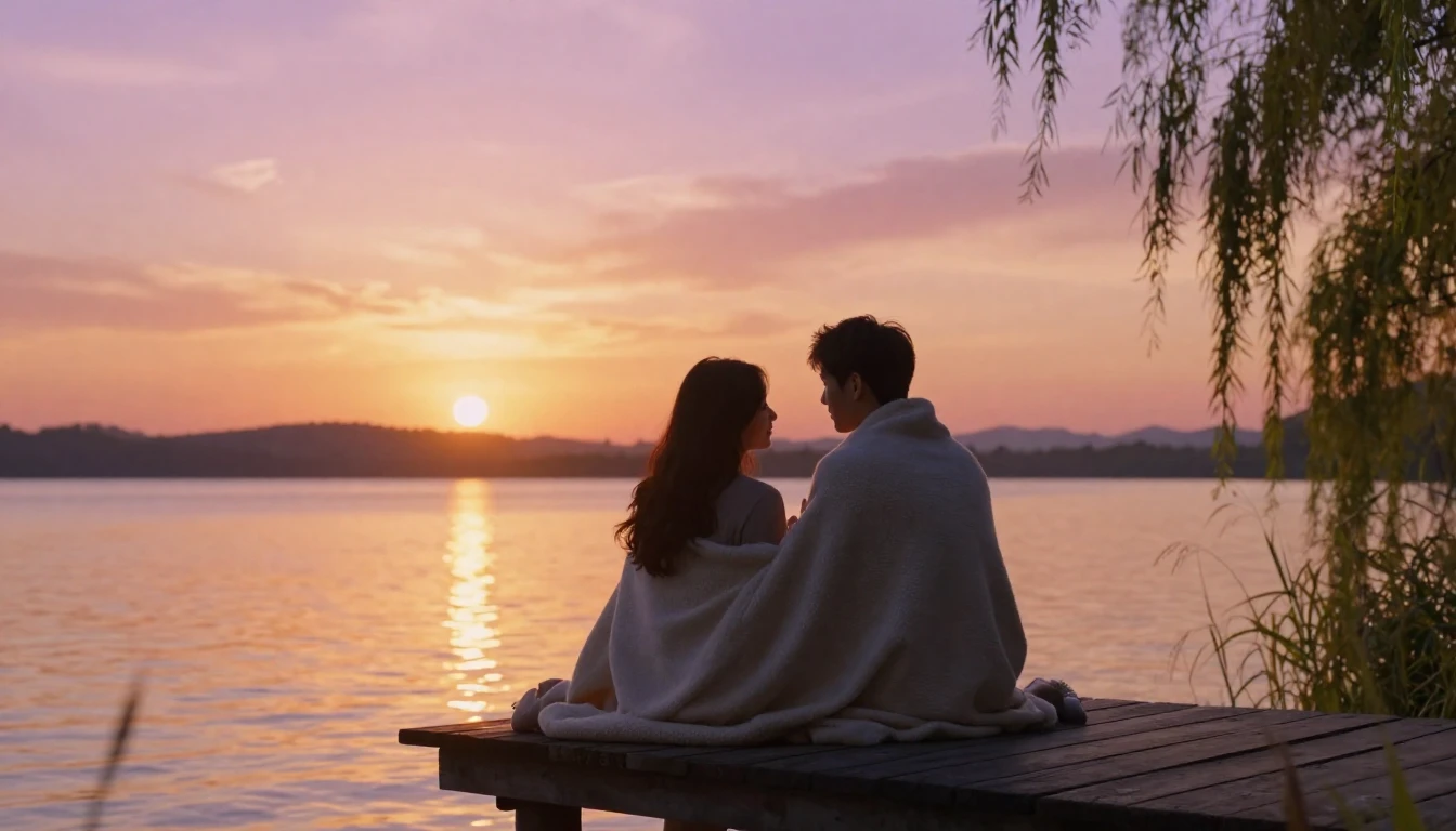 A romantic and ethereal scene featuring a couple sitting clo...
