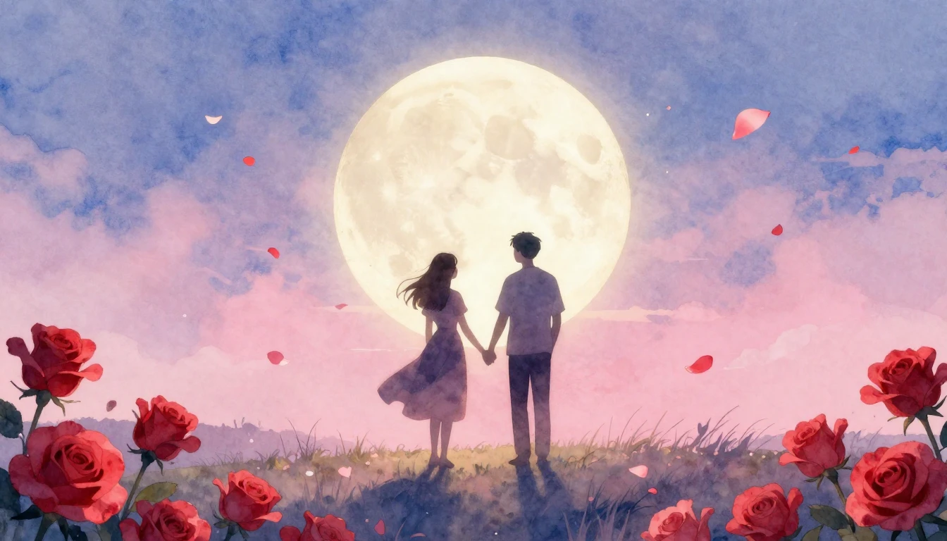 A soft, romantic watercolor illustration depicting two silho...