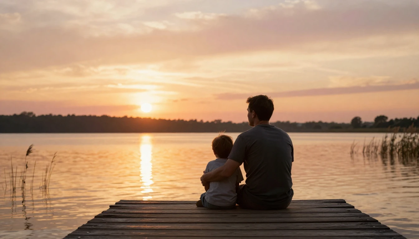 A tender and emotional scene depicting a father and a young ...