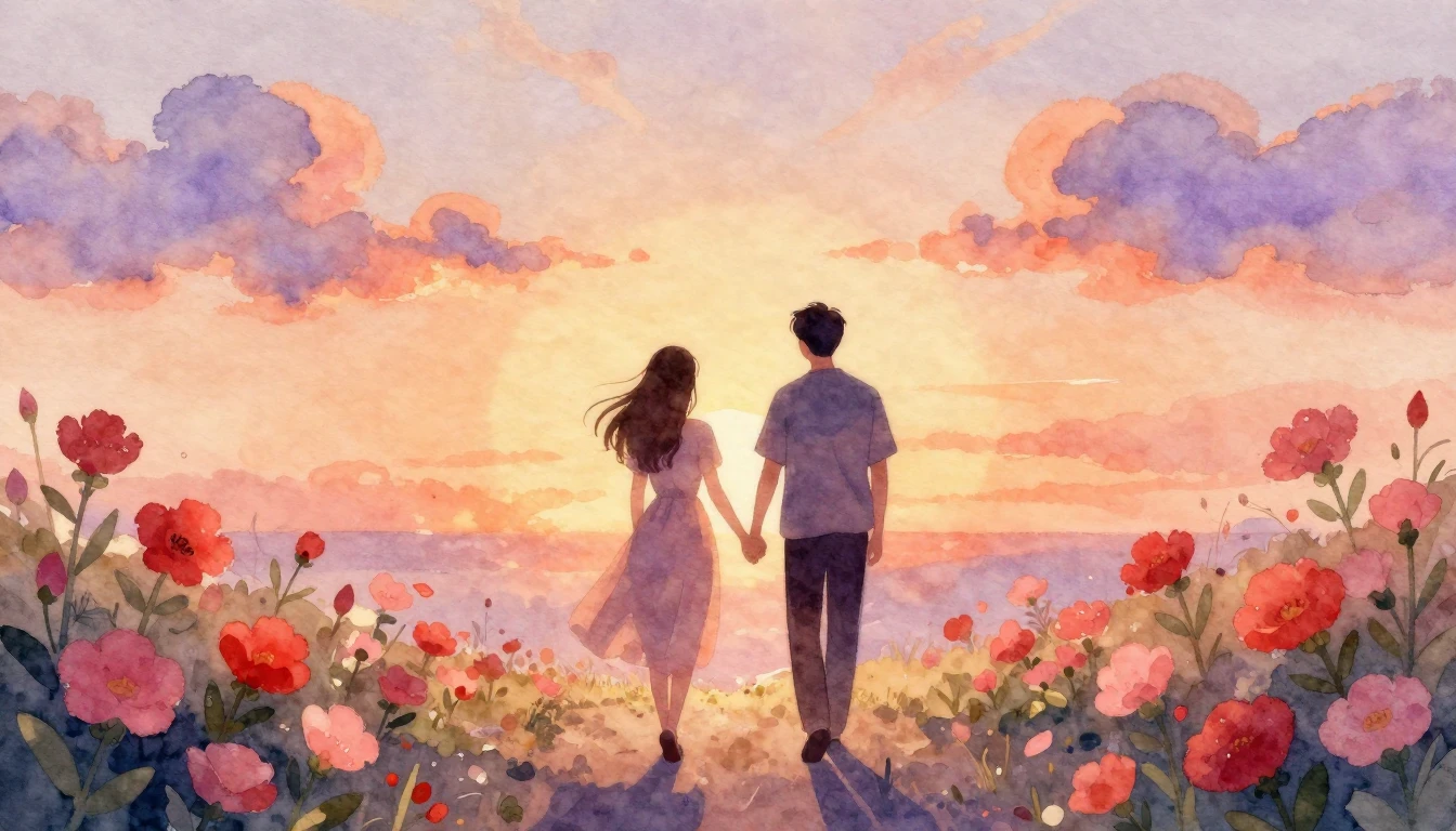 A romantic and soft watercolor illustration depicting two si...