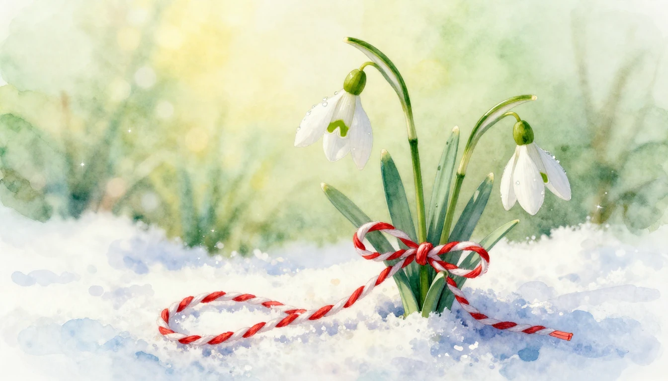 A delicate watercolor painting featuring a traditional Mărți...