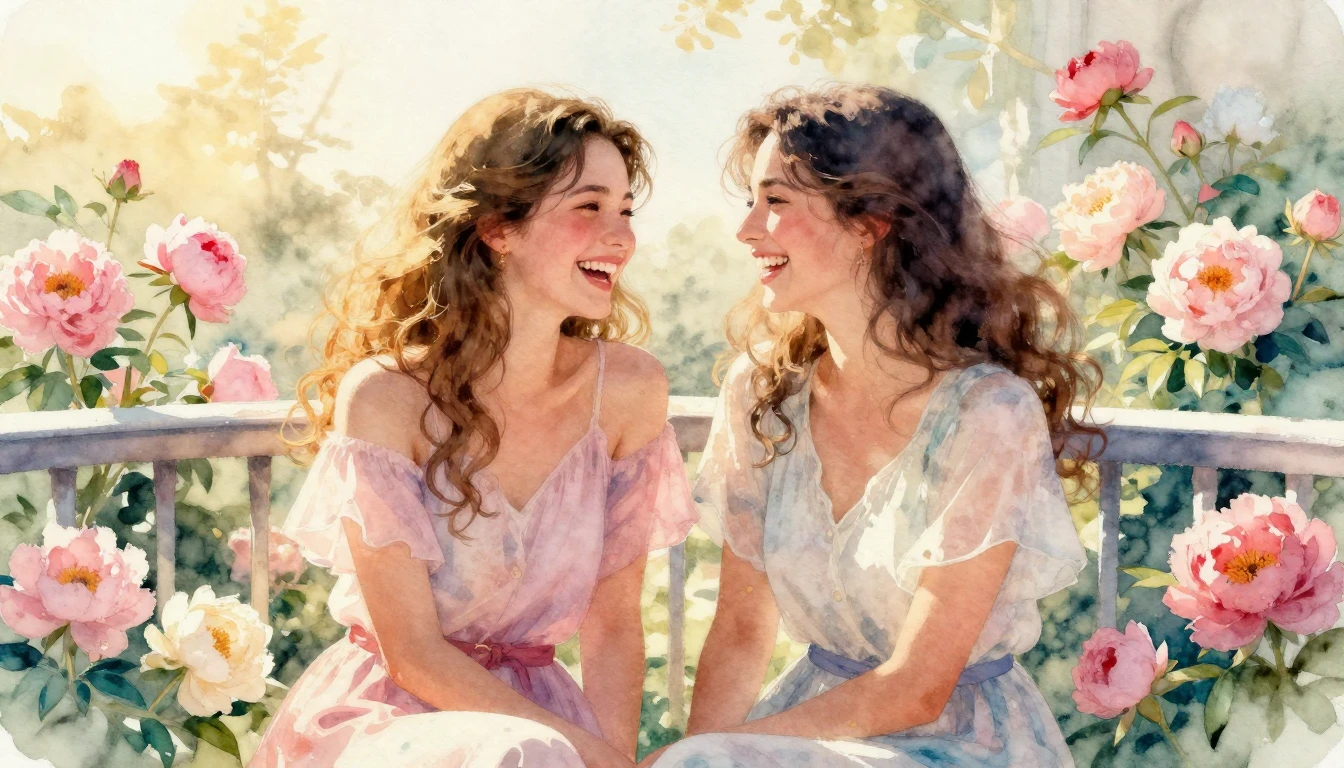 A beautiful watercolor painting of two young women sitting c...