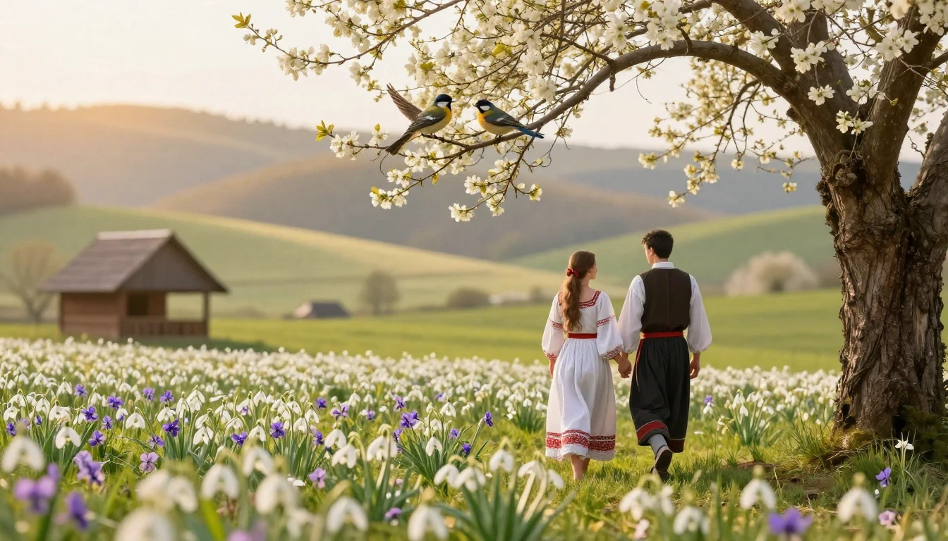A romantic and ethereal scene in a lush spring landscape ins...