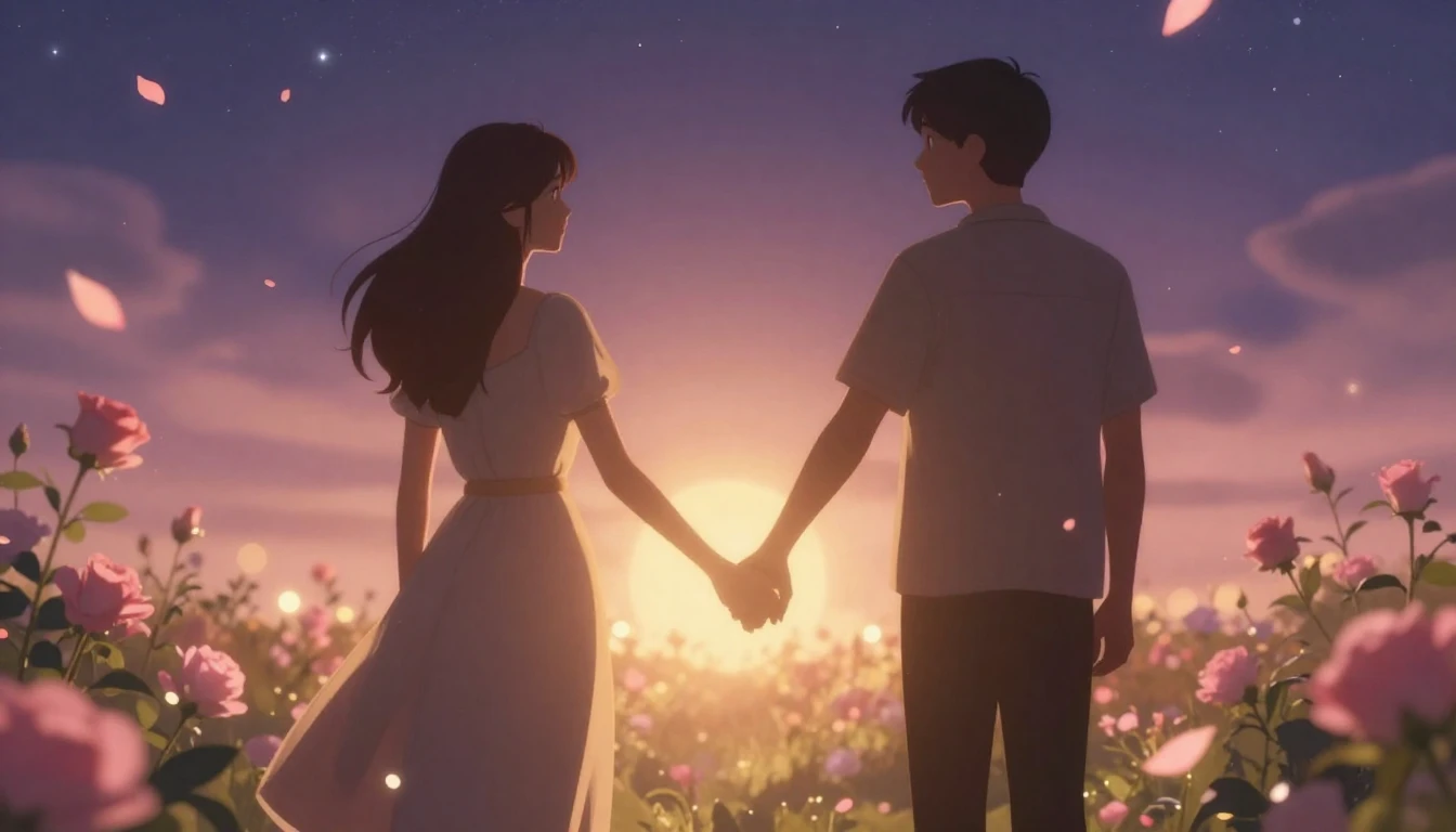 A soft and dreamy romantic scene depicting two silhouettes h...