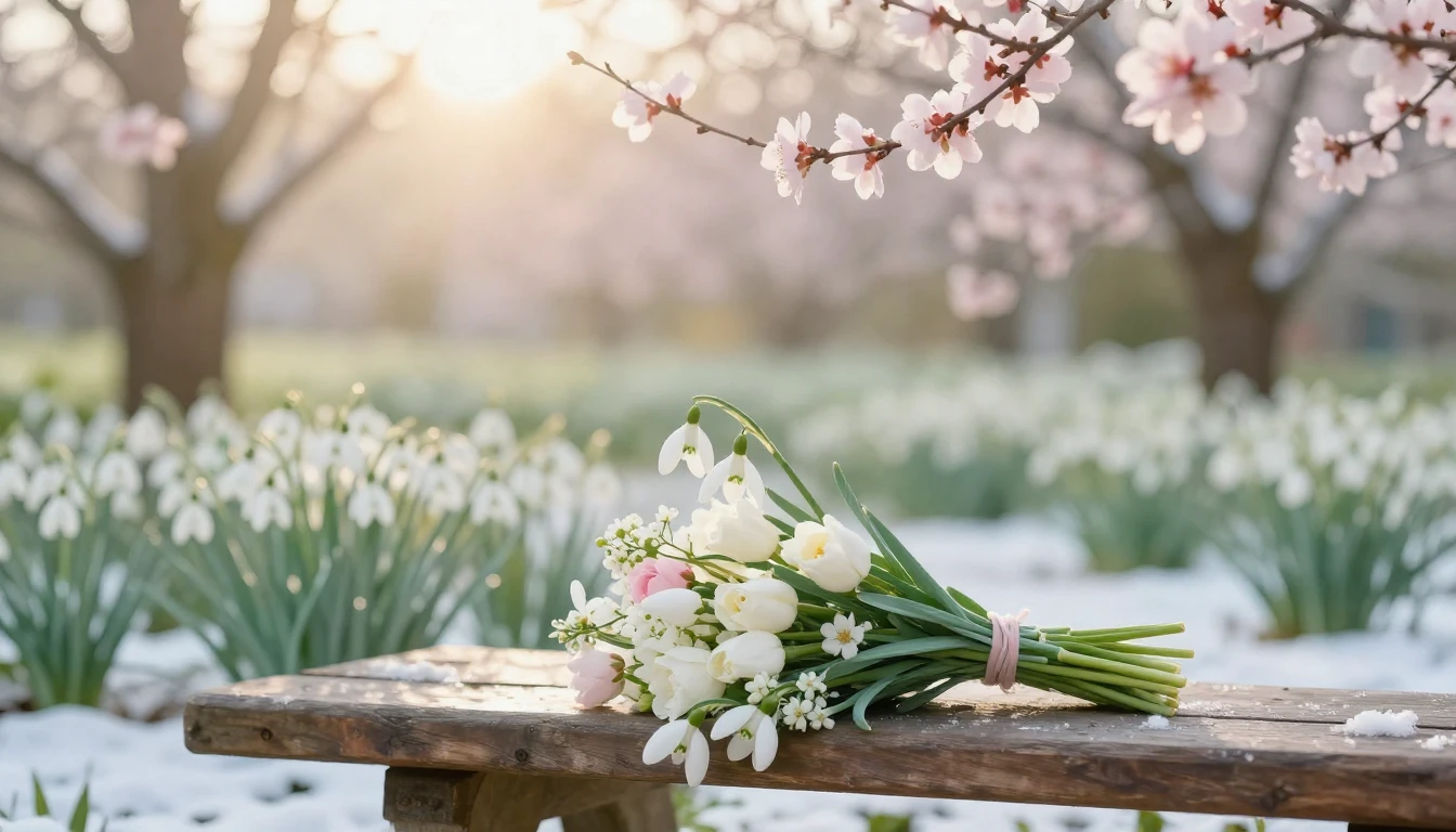 A serene garden in early spring, featuring delicate white sn...