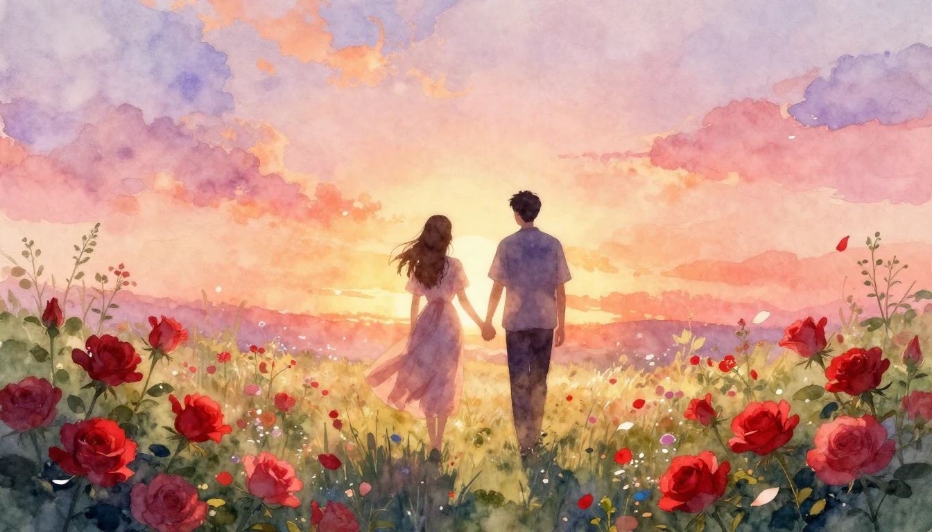 A soft and dreamy watercolor painting depicting a romantic s...