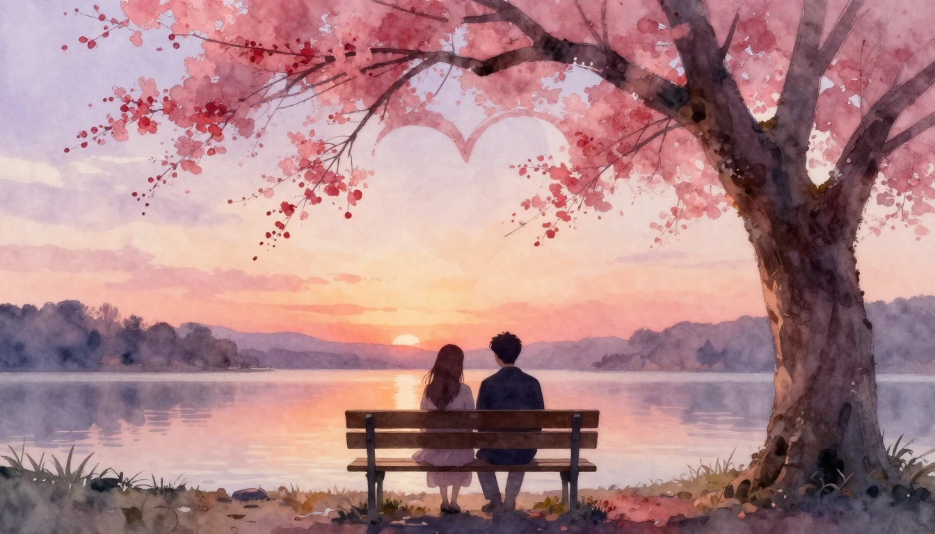 A soft, dreamy watercolor painting depicting two silhouettes...