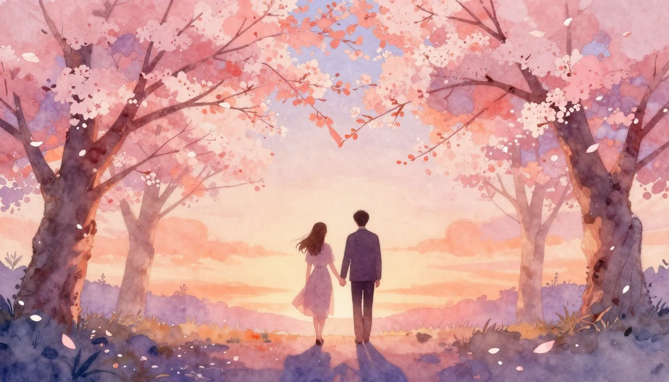 A soft and dreamy watercolor painting depicting a romantic s...