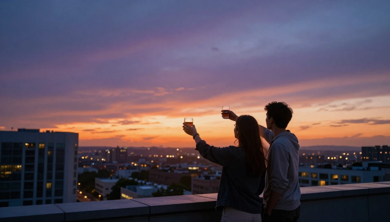 A wide cinematic shot of two best friends standing on a high...