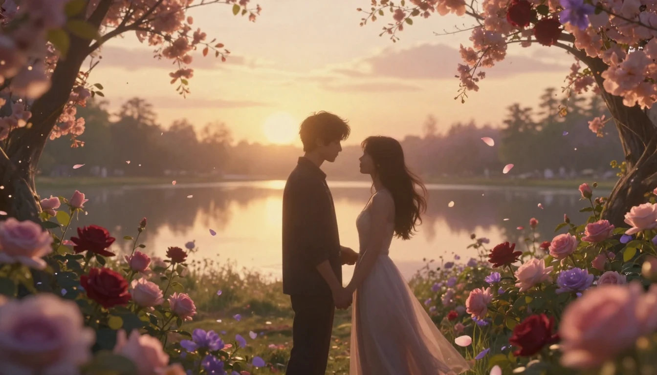 A romantic and dreamlike scene featuring two silhouettes of ...