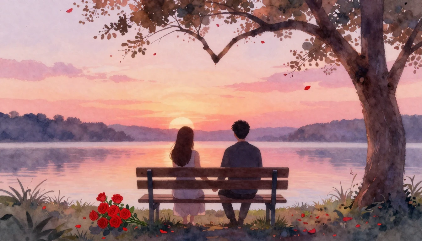 A soft and dreamy watercolor painting depicting two silhouet...