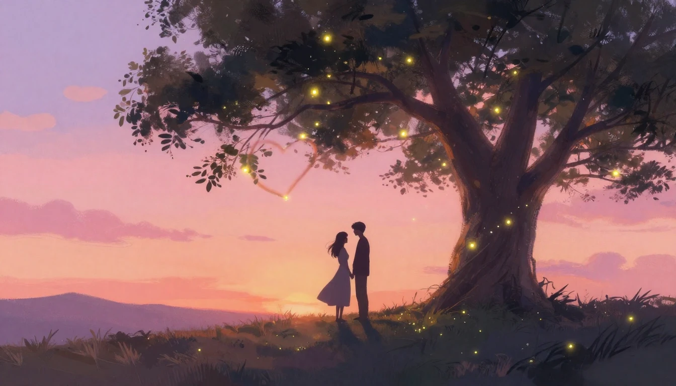 A romantic and dreamy illustration depicting two silhouettes...
