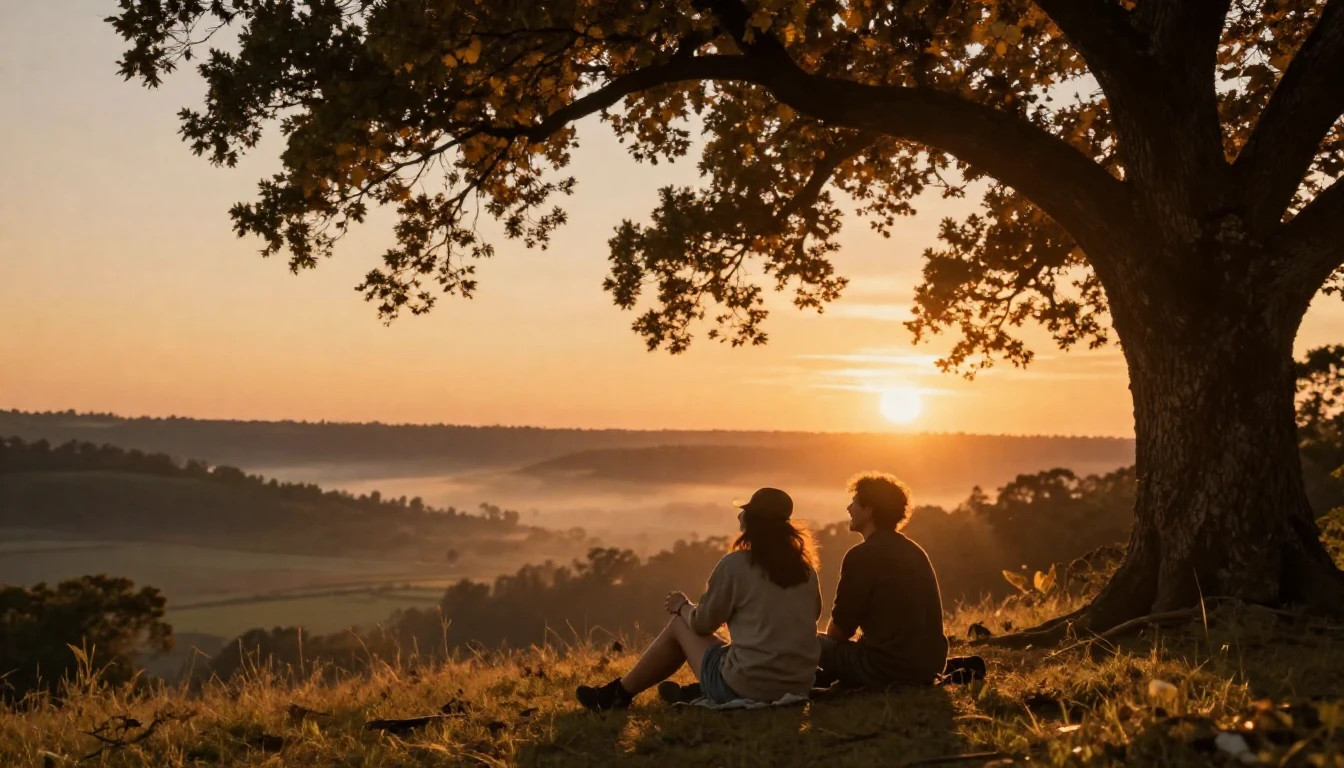 A wide-angle cinematic shot of two close friends sitting on ...