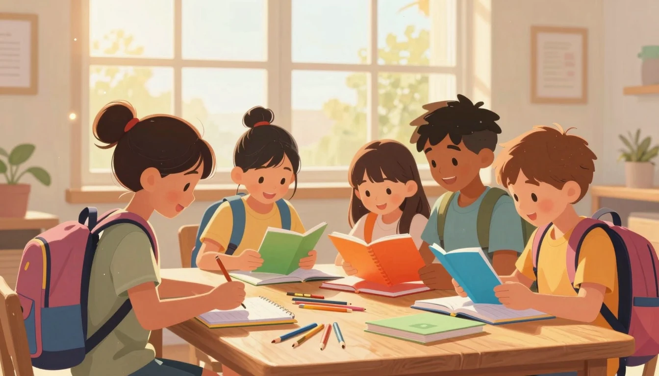 A heartwarming scene of diverse happy children opening color...