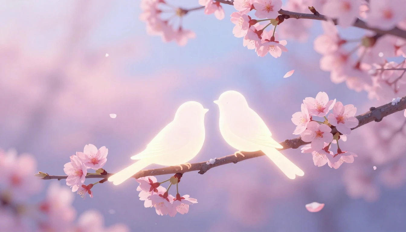 A romantic and ethereal scene depicting two stylized, glowin...