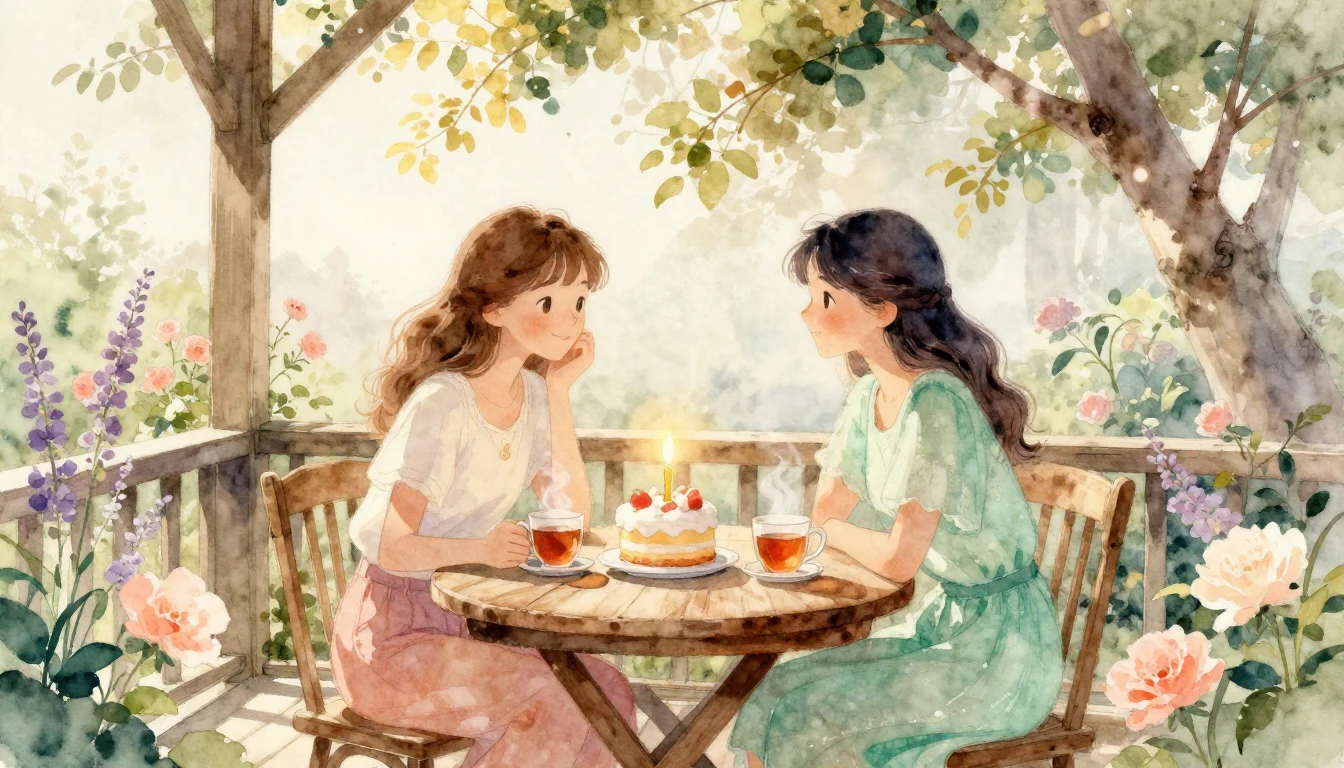 A warm and cozy scene of two friends sitting on a sunlit woo...