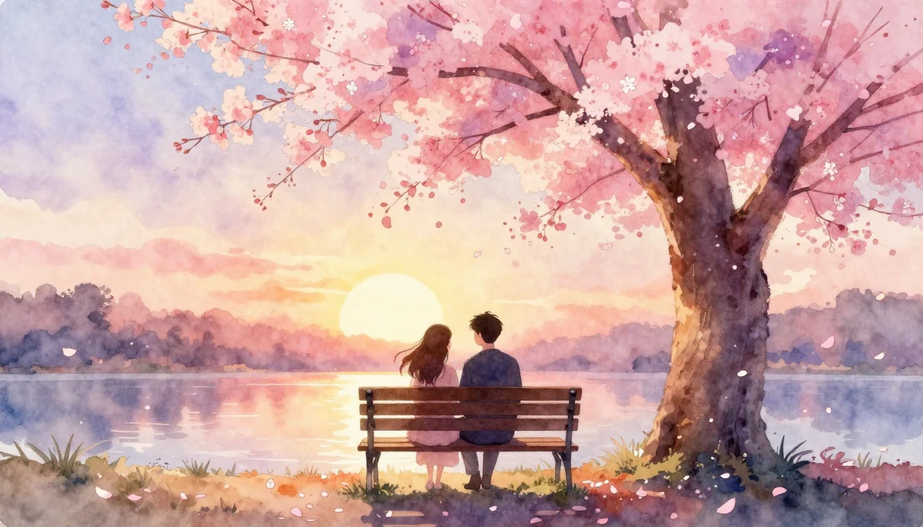 A romantic watercolor illustration featuring two silhouettes...