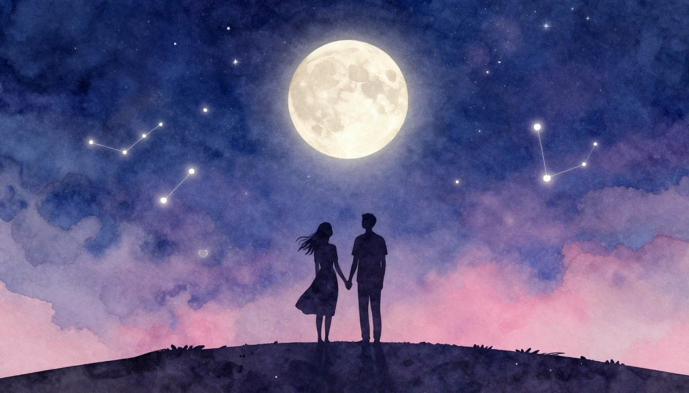 A romantic and dreamy watercolor illustration featuring silh...