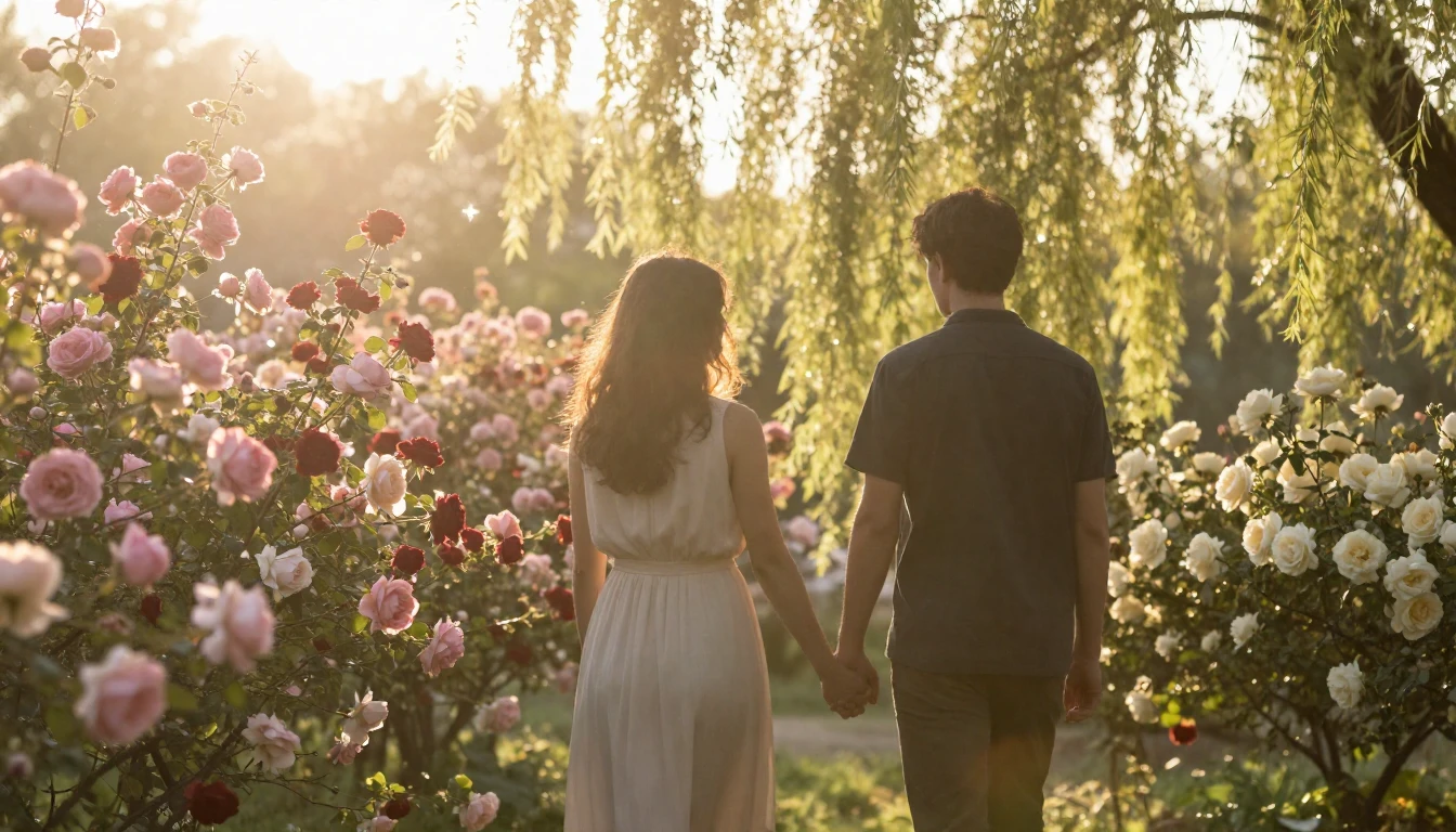A romantic and ethereal scene of two silhouettes walking han...