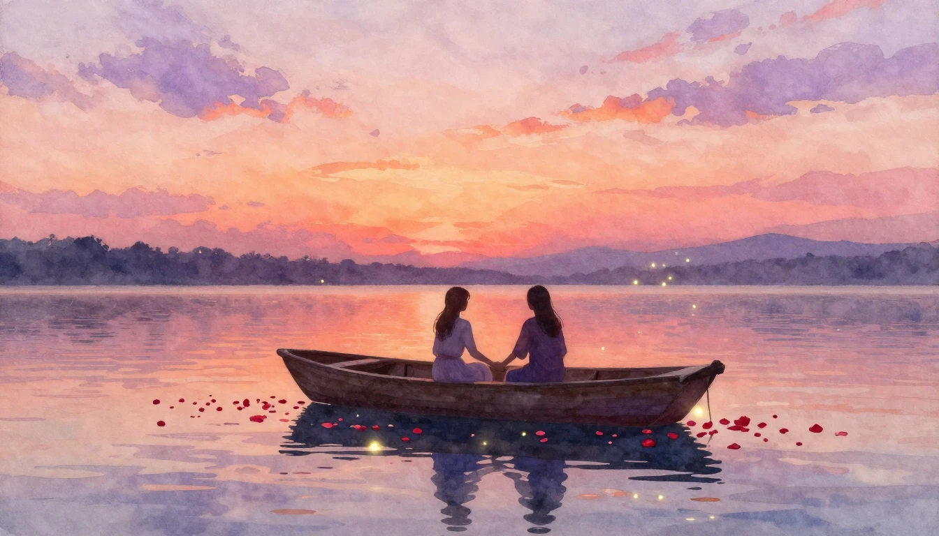 A soft and dreamy watercolor painting depicting a romantic s...