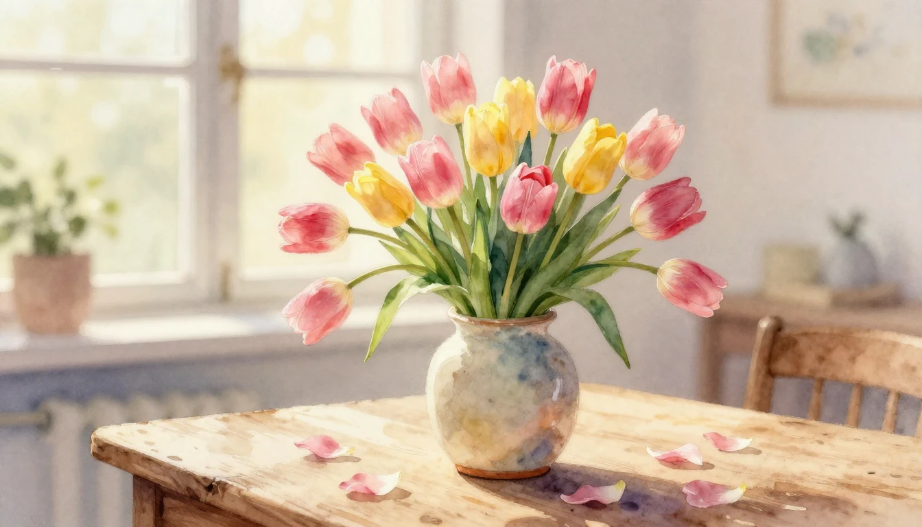 A tender and heartwarming watercolor painting of a lush bouq...